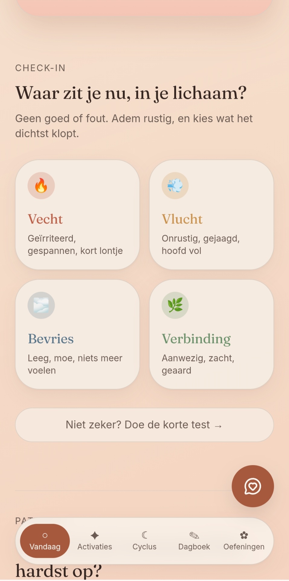 Check-in scherm in de Natural Softie app: vecht, vlucht, bevries, verbinding