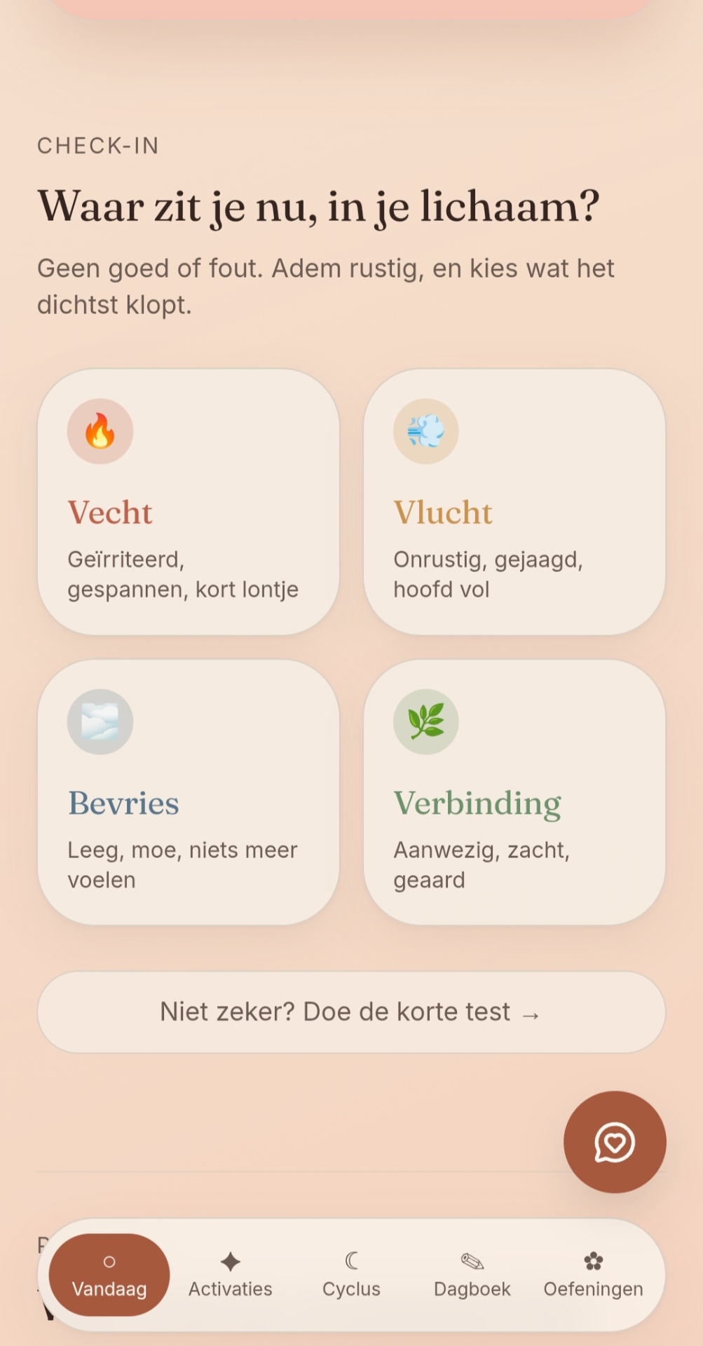 App - dagelijkse check-in met vier zenuwstelsel-staten