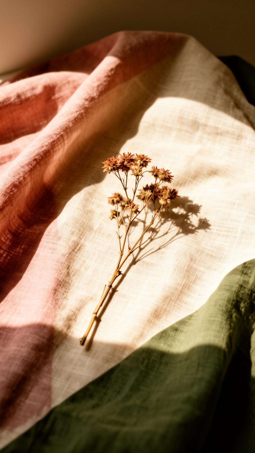 Droge wilde bloem op gedrapeerd linnen in beige, old pink en sage