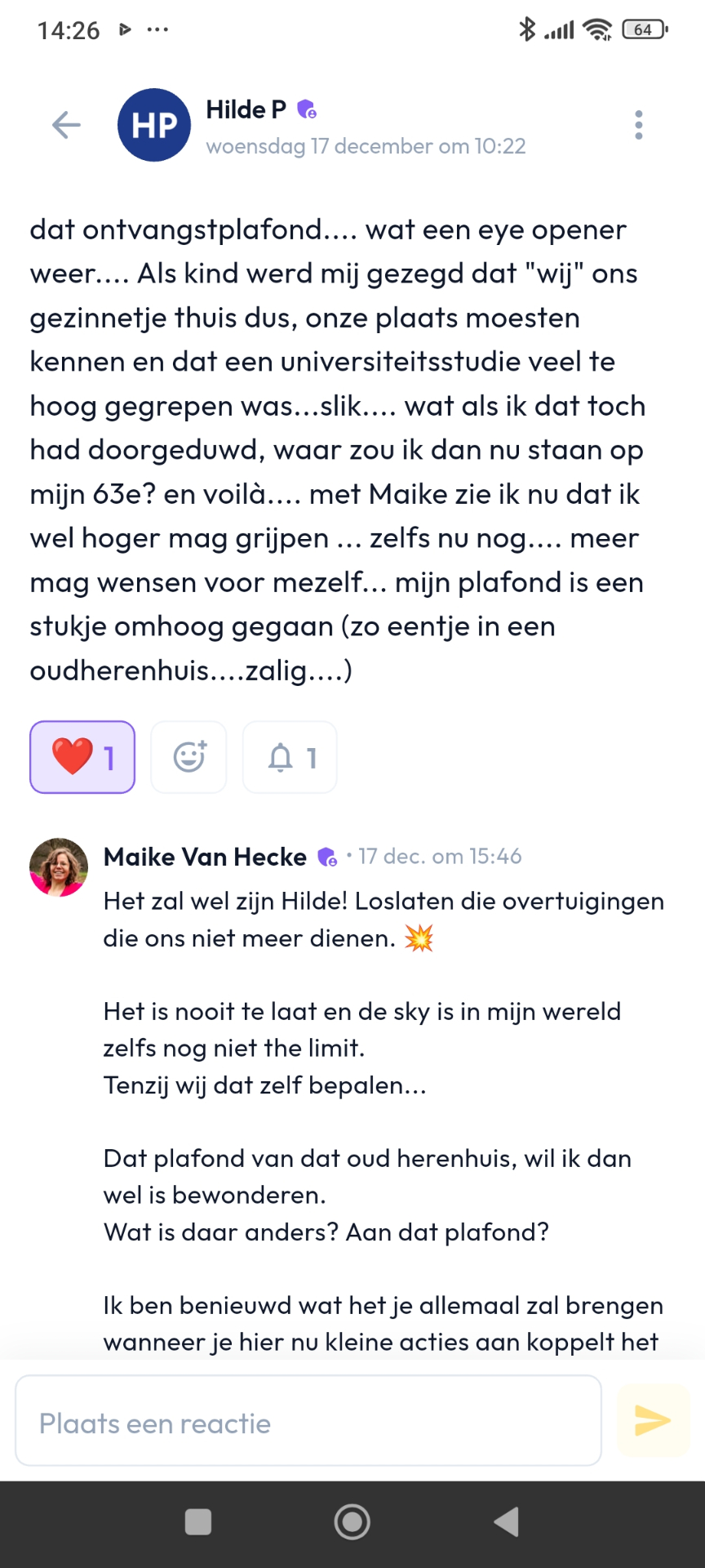 Huddle app - community bericht met persoonlijke reactie van Maike