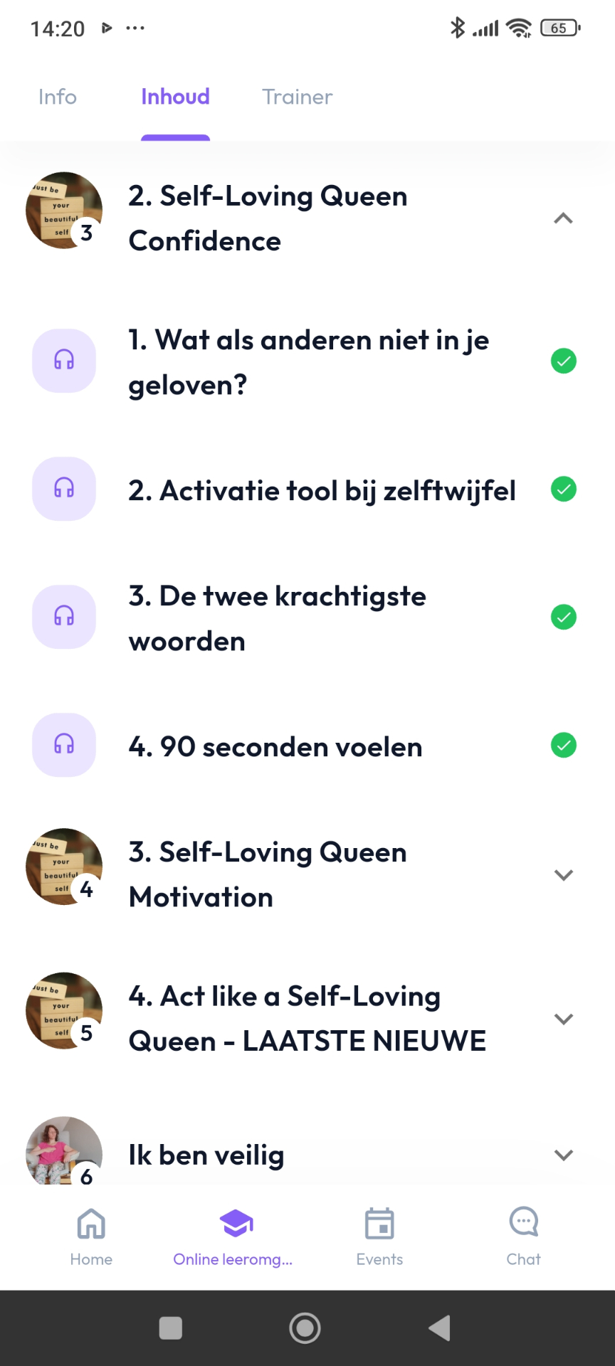 Huddle app - module met afgevinkte activaties