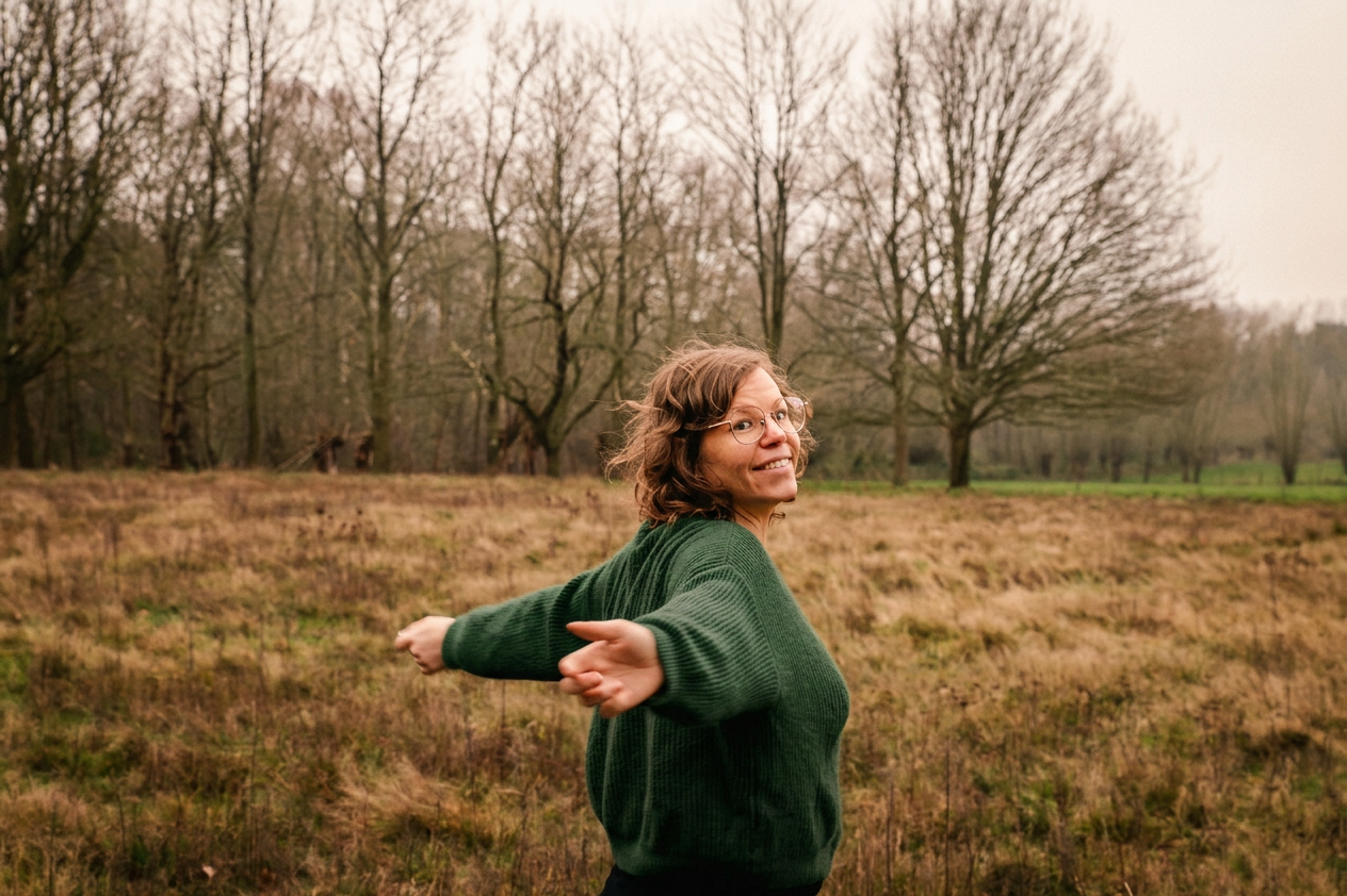 Maike in diep groene trui in een veld - beweging en lichtheid
