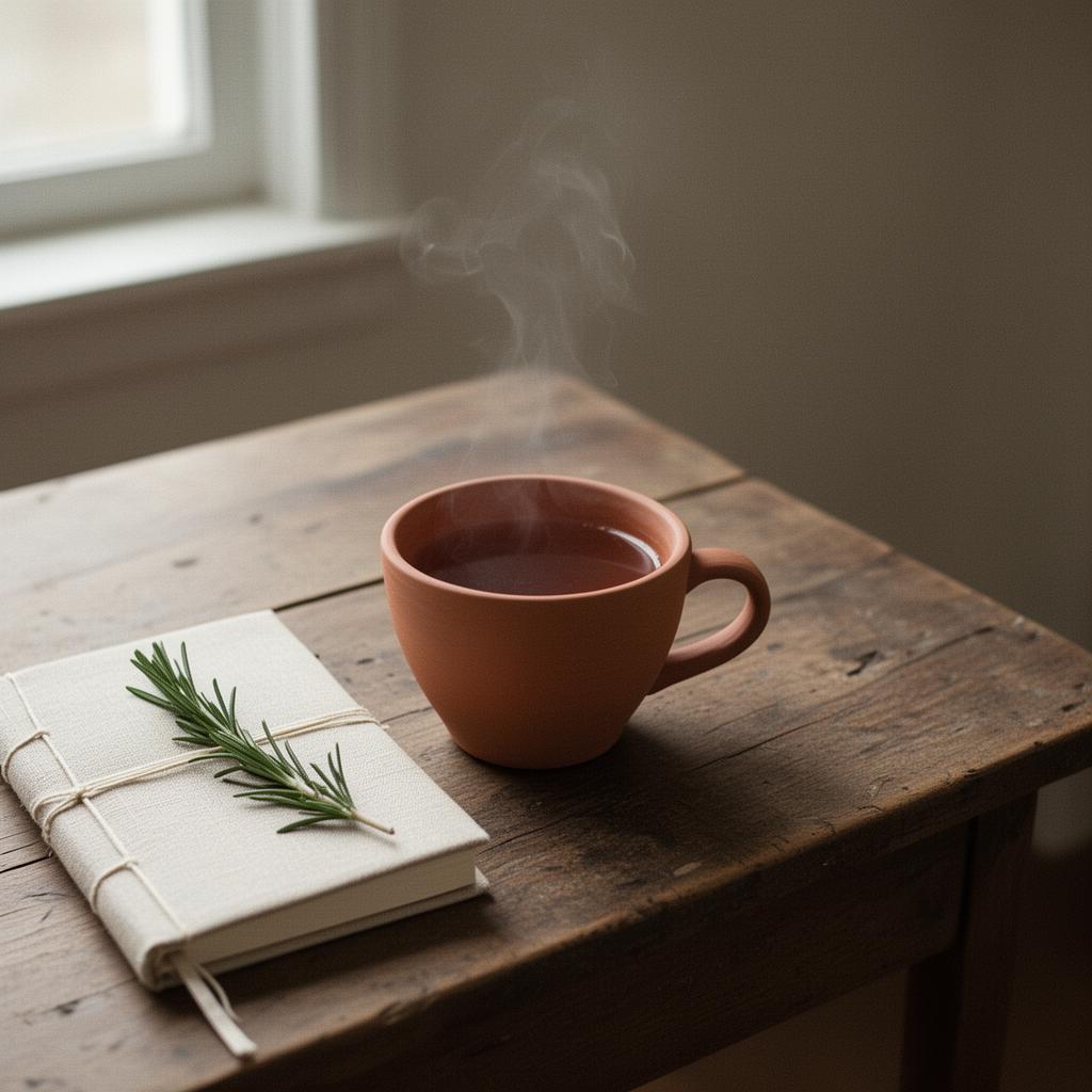 Klei kop dampende thee naast een linnen dagboek bij ochtendlicht