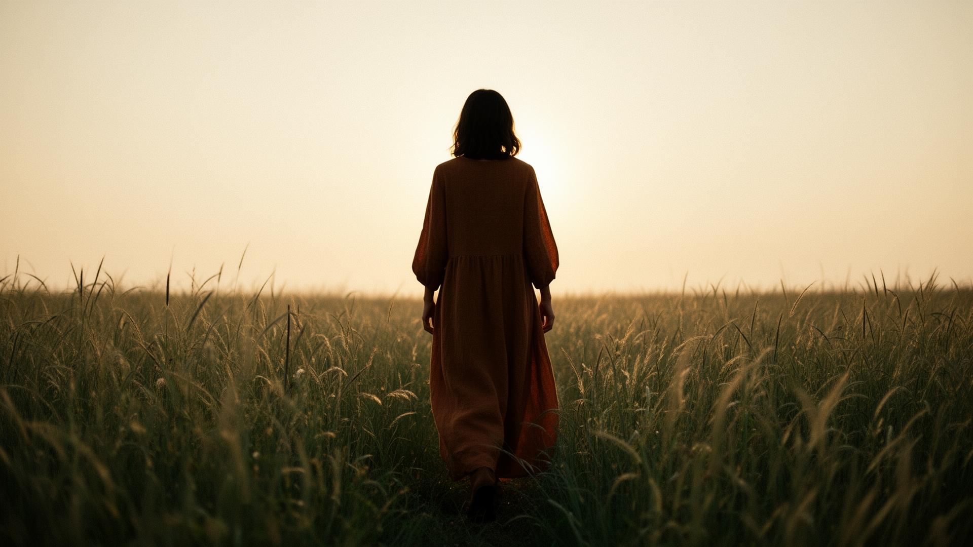 Vrouw in roestbruine jurk wandelt door zacht graslandschap bij gouden uur